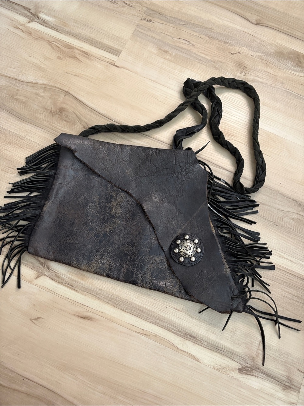 Vintage Black Genuine Leather Western Fringe Bag Crossbody Boho Concho festival